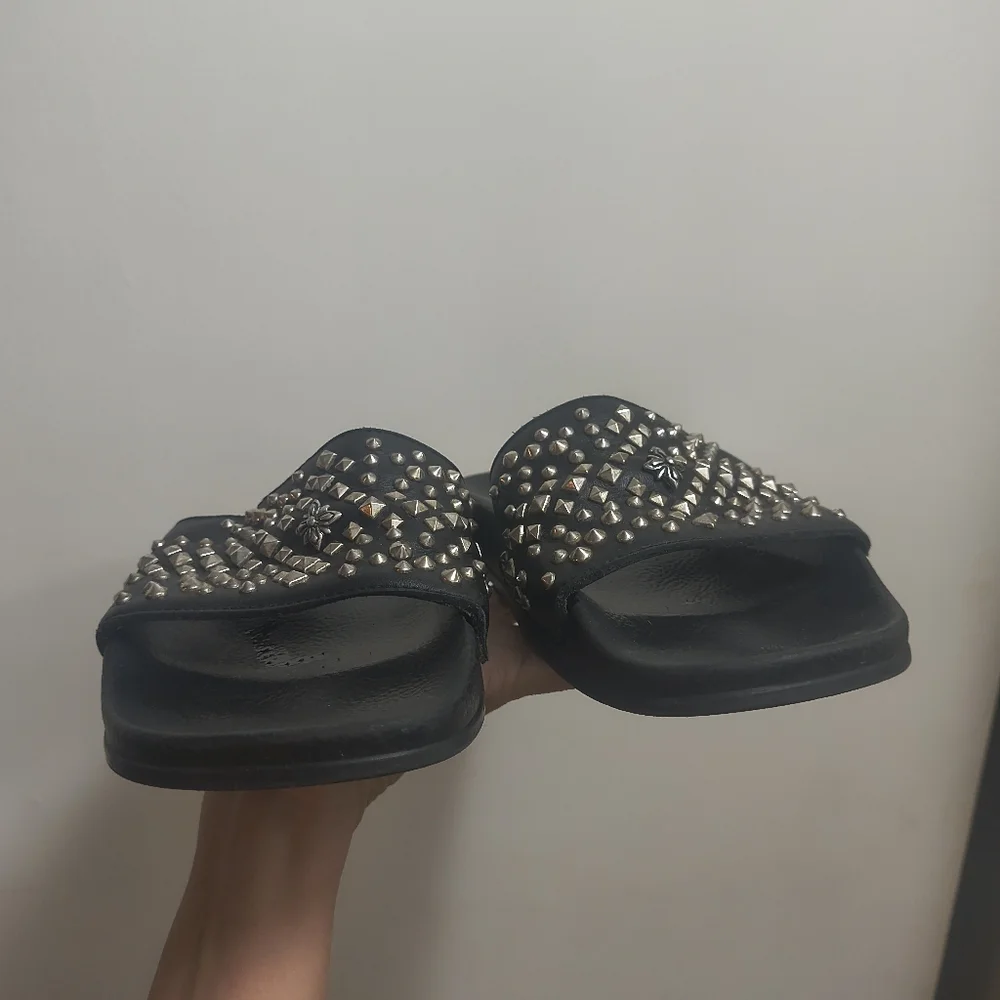 John Richmond Black Studded Leather Pool Slide Sandals Size 41/ US 8